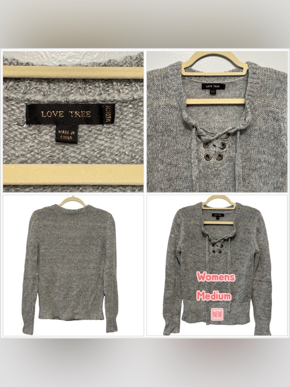Womens Love Tree Medium Sweater Lace Up Crew Gray Long Sleeve Lightweight Cozy